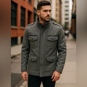 ⭐ Wool Military Jacket – Gray – Structured Epaulet Coat ⭐